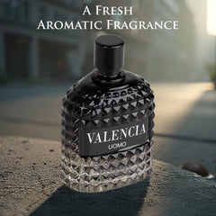 NovoGlow Valencia UOMO bottle base highlights woody notes with vetiver for lasting appeal.