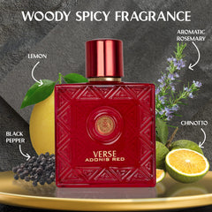 NovoGlow Verse Adonis Red bottle side view highlights bold masculine aroma