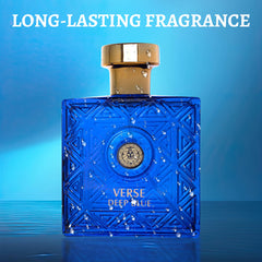 NovoGlow Verse Deep Blue close-up against wood background conveys premium fragrance.