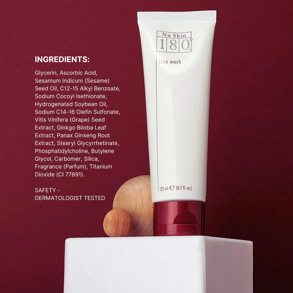 Nu Skin 180° Face Wash antioxidant blend close-up highlighting ginkgo and ginseng antioxidants.