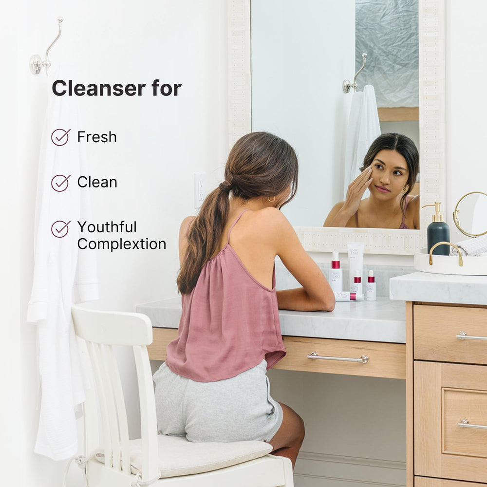 Morning and night use of Nu Skin 180° Face Wash as part of routine.