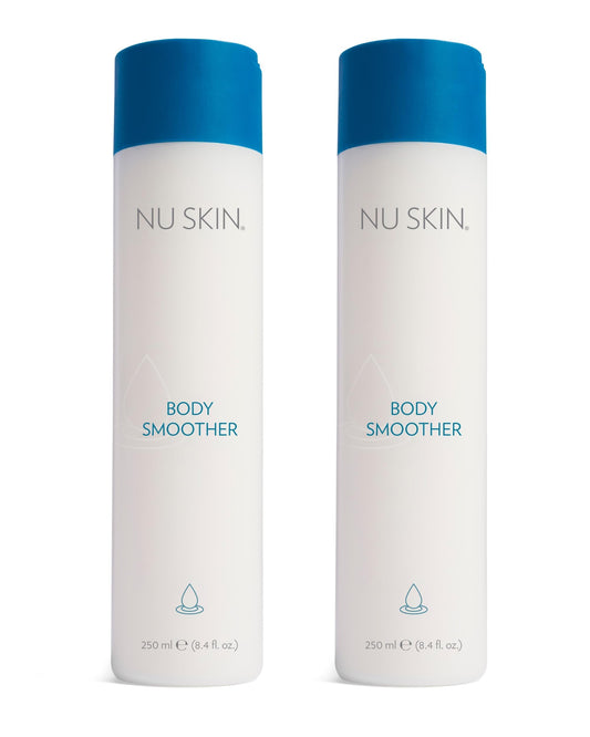 Nu Skin Body Smoother bottle shown for post-shower hydration