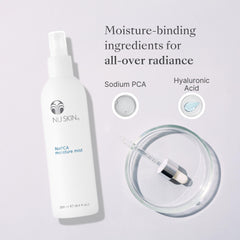 Nu Skin NaPCA Moisture Mist face application demonstrates lightweight absorption.