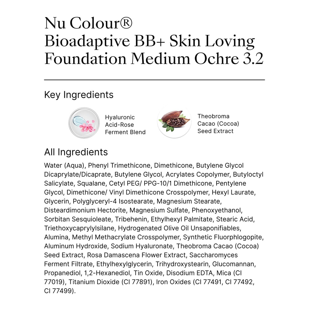 Nu Skin Nu Colour Bioadaptive BB+ Foundation in Medium Ochre 3.2 — swirled texture on skin for natural glow.