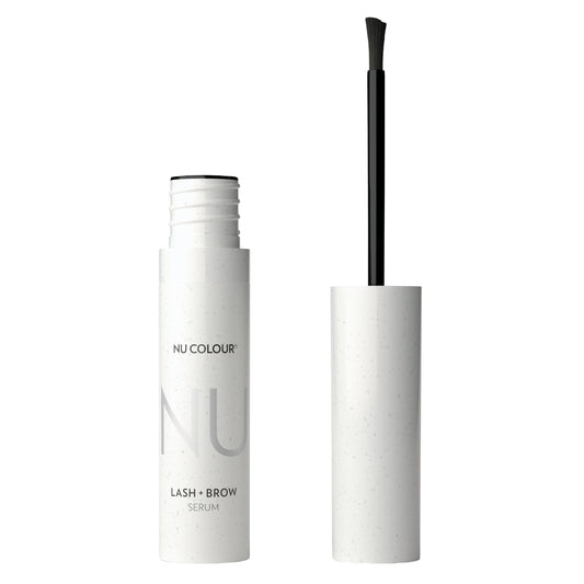Nu Skin Nu Colour Lash + Brow Serum bottle shown for daily lash and brow care.