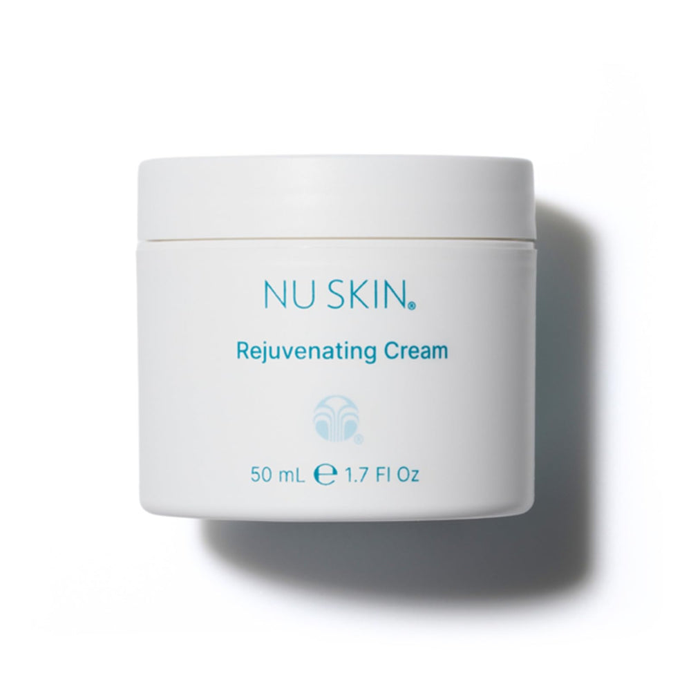 Nu Skin Rejuvenating Cream bottle close-up highlighting hydrating moisture for dry skin