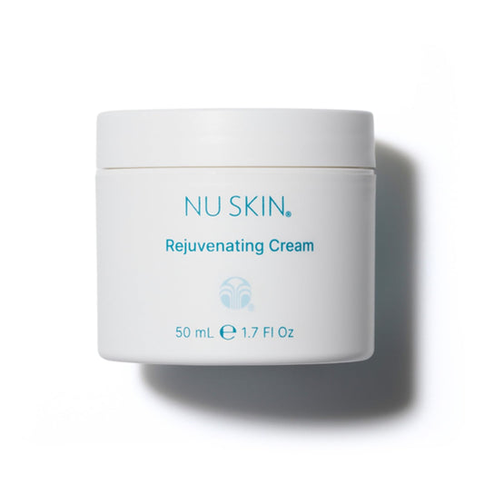 Nu Skin Rejuvenating Cream bottle close-up highlighting hydrating moisture for dry skin