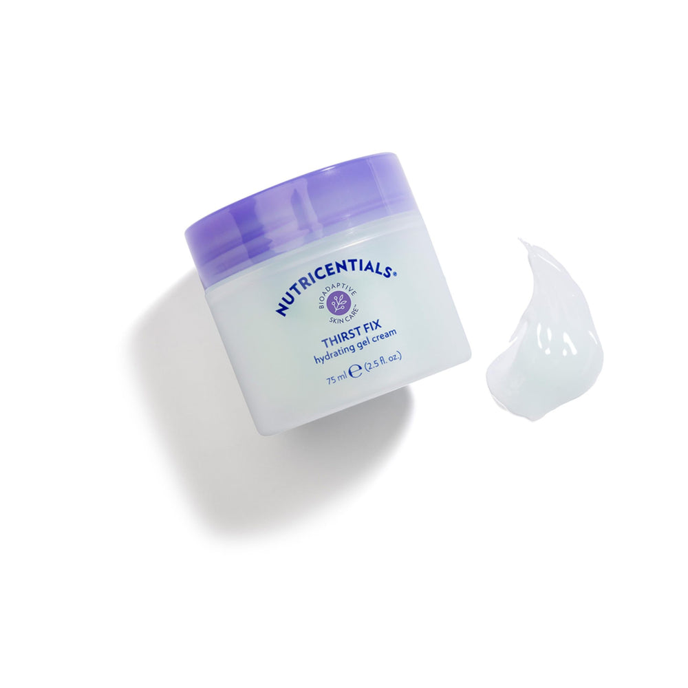 Nu Skin ThirstFix gel cream on neck for balanced moisture and comfort.