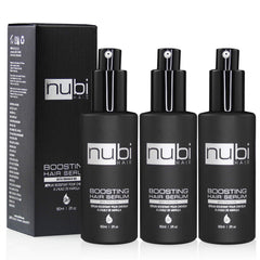 Nubi Hair Silky Smooth Serum bottle shows a non-greasy formula for all hair types.