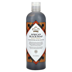Nubian Heritage African Black Soap Body Wash bottle pour for gentle daily cleansing.