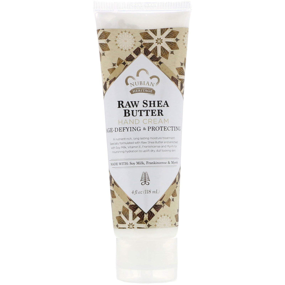Nubian Heritage Raw Shea Hand Cream bottle provides rich hydration for dry hands.