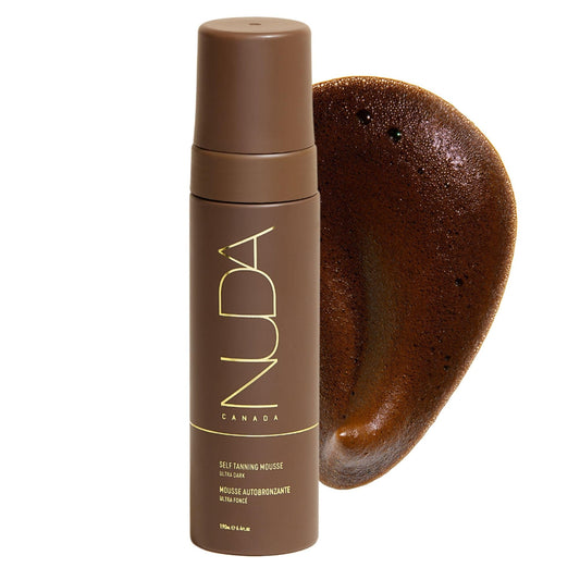 Nuda Ultra Dark BronzeFoam bottle with pump shows sleek package for easy self tan