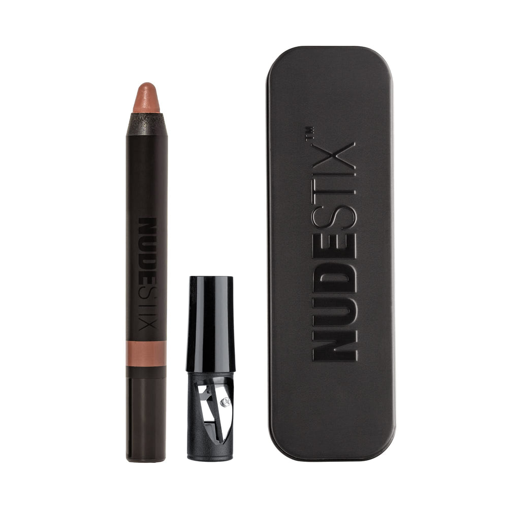 Nudestix Intense Matte Lip + Cheek Pencil Sunkissed Nude swatches show warm beige-mauve shade.
