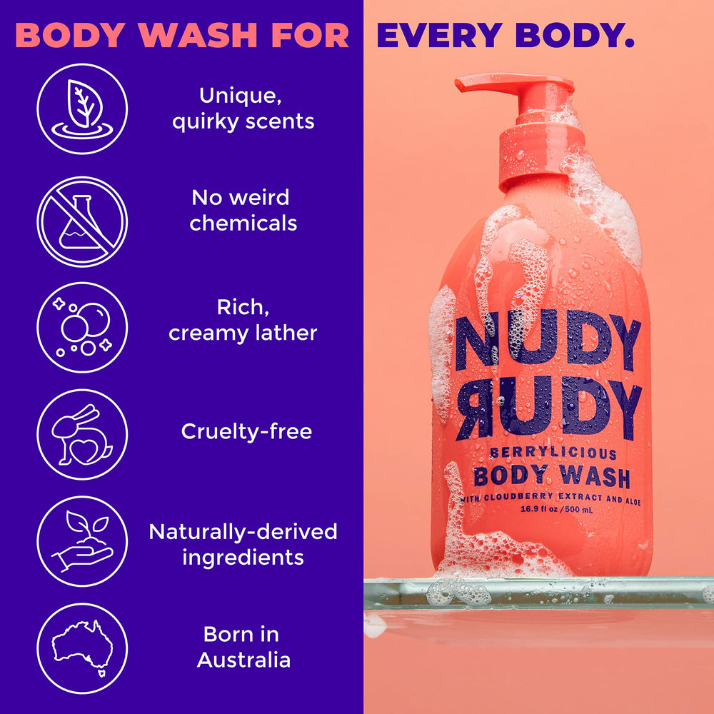 Nudy Rudy Berrylicious bar soap on display highlights a creamy, lasting cleansing experience