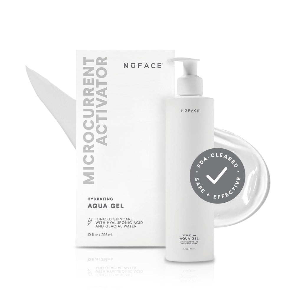NuFACE Aqua Gel Activator bottle close-up showing hydration-ready formula