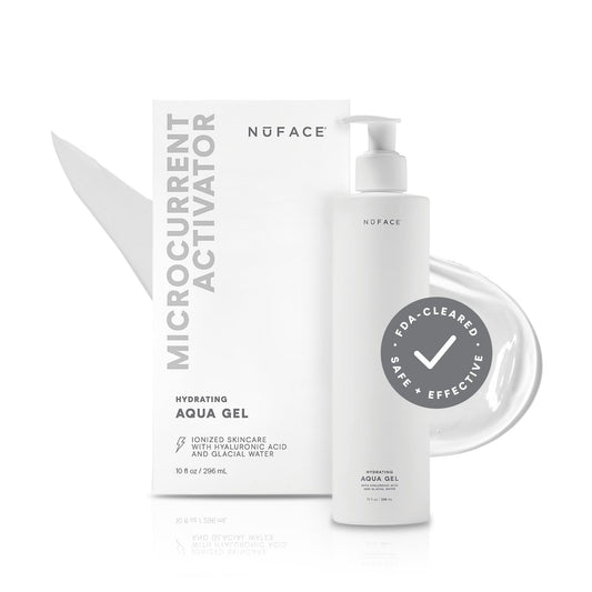 NuFACE Aqua Gel Activator bottle close-up showing hydration-ready formula