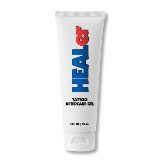 NUMBer HEALer gel bottle pouring for new tattoos and piercings.