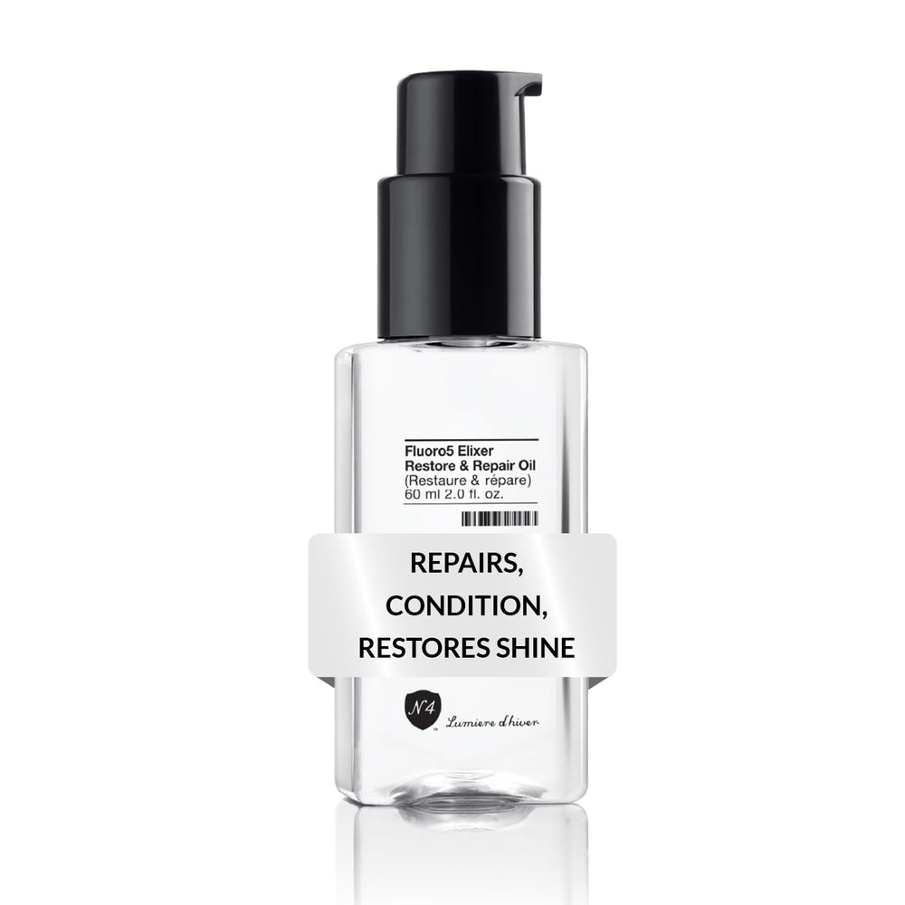 Number 4 Fluoro5 Elixir bottle pour for smooth, hydrated hair