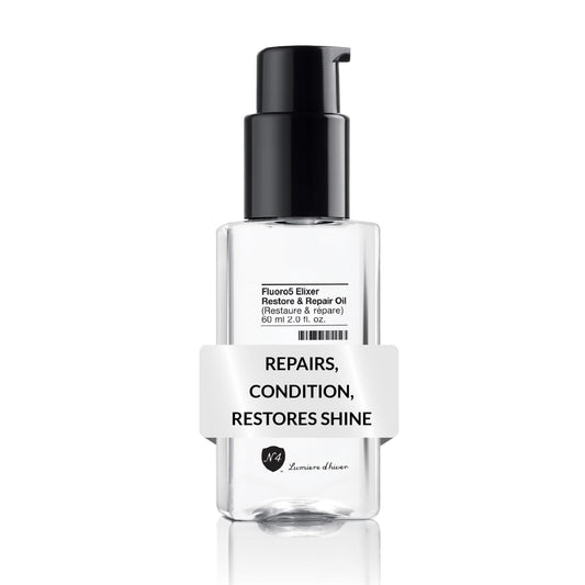 Number 4 Fluoro5 Elixir bottle pour for smooth, hydrated hair