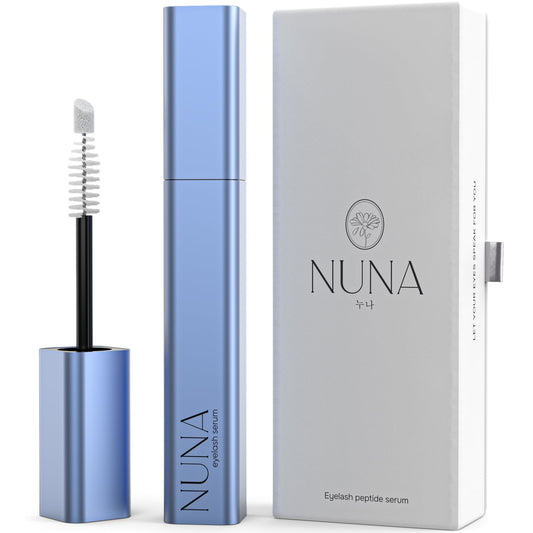 NUNA eyelash growth serum bottle, compact packaging for fuller lashes.