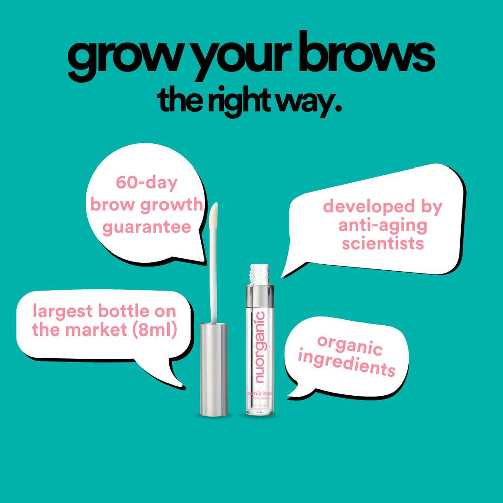 NuOrganic Cosmic Brow serum before-after image suggesting brow fullness.