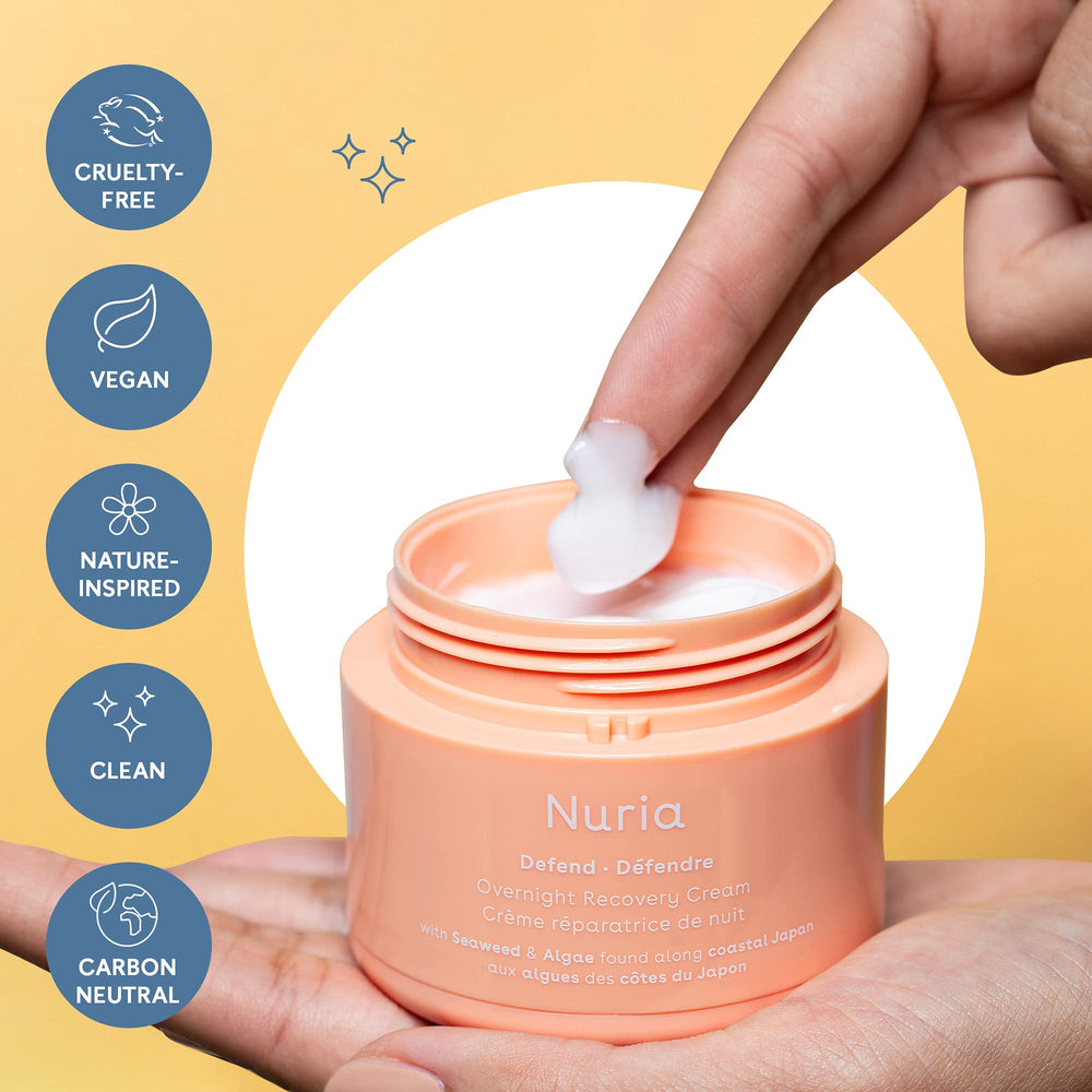 Nuria Defend overnight cream on night routine display signals easy nightly care