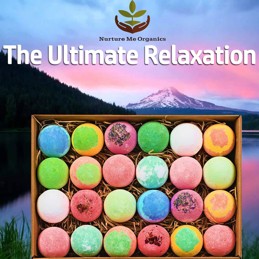 Nurture Me Organics bath bombs with shea butter for soft, hydrated skin.