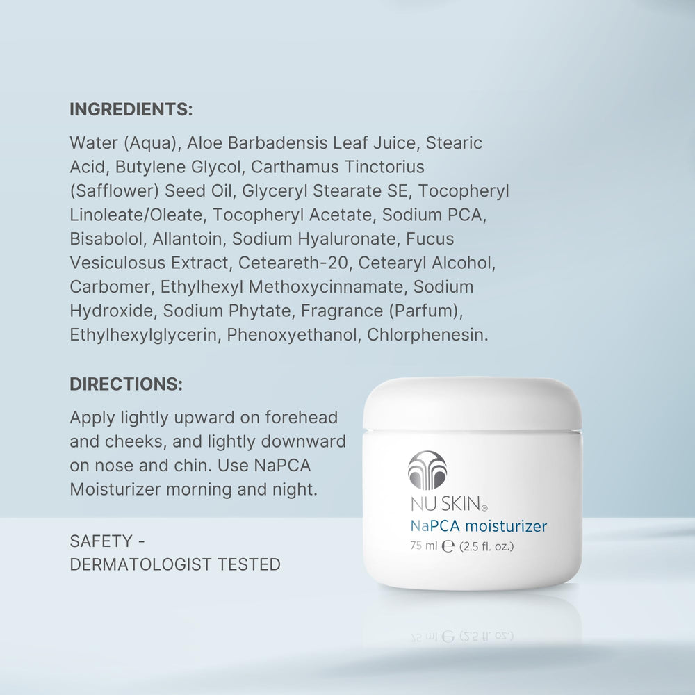 NuSkin NaPCA Moisturizer eye-area use, gentle care around delicate areas.