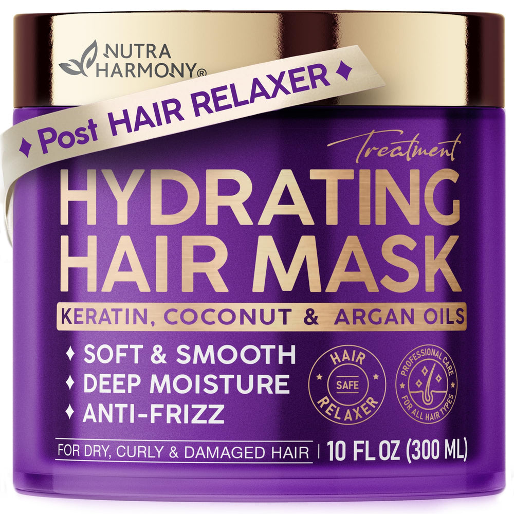 NutraHarmony Hydrating Hair Mask bottle close-up showing premium conditioning benefits.