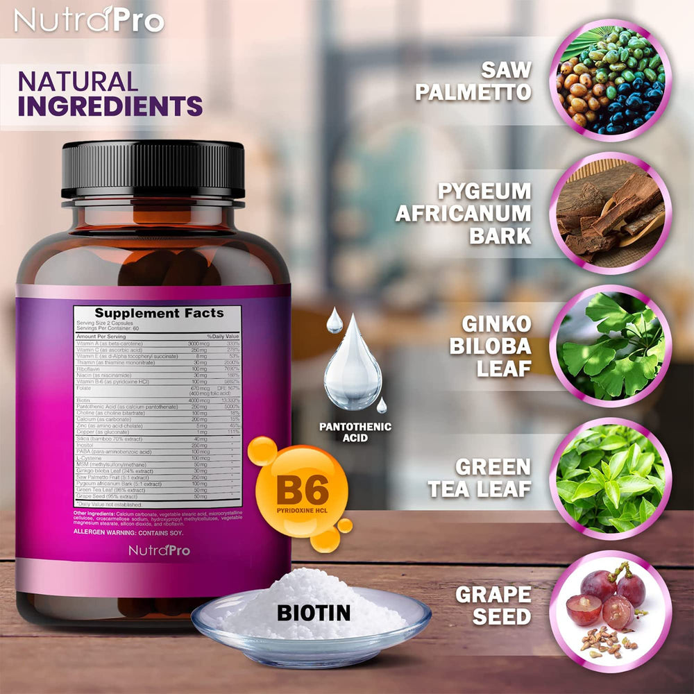NutraPro packaging close-up—trusted formula featuring biotin and saw palmetto.