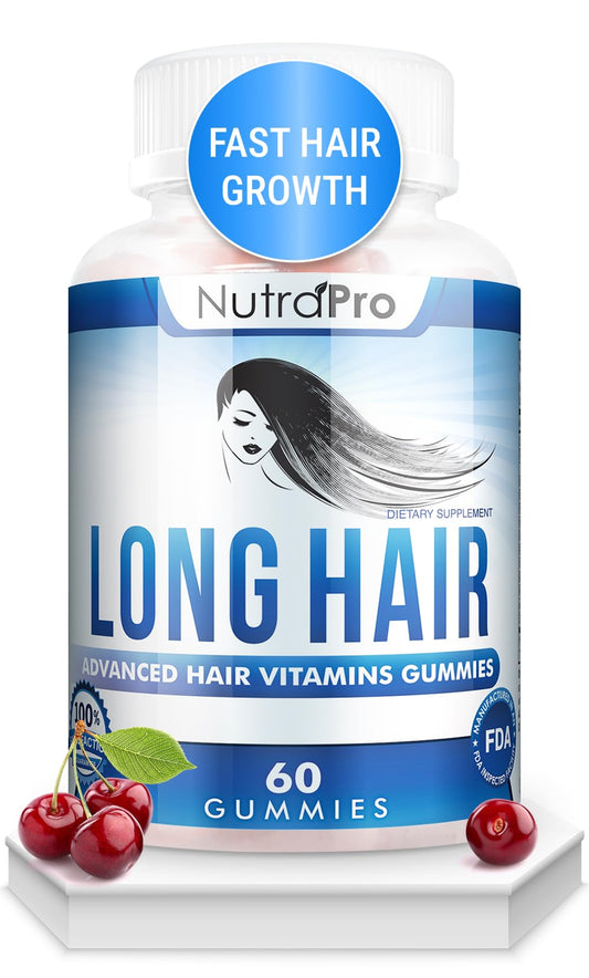 NutraPro Long Hair Gummies bottle front view, cherry flavor for hair health support.