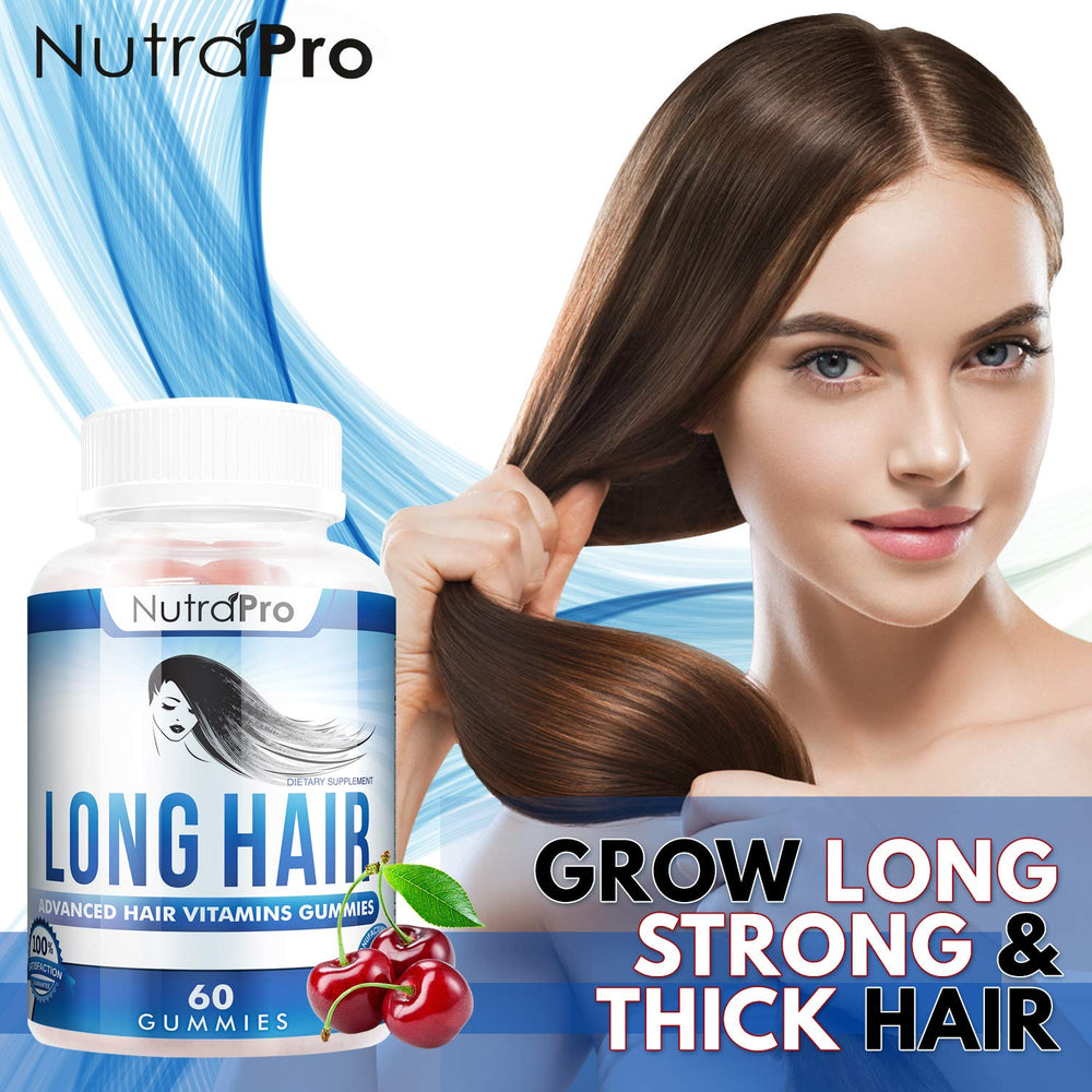 NutraPro Long Hair Gummies cherry flavor close-up, tasty supplement for stronger-looking hair.