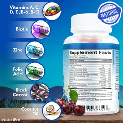 NutraPro Long Hair Gummies label back, biotin and vitamins highlighted for hair health.