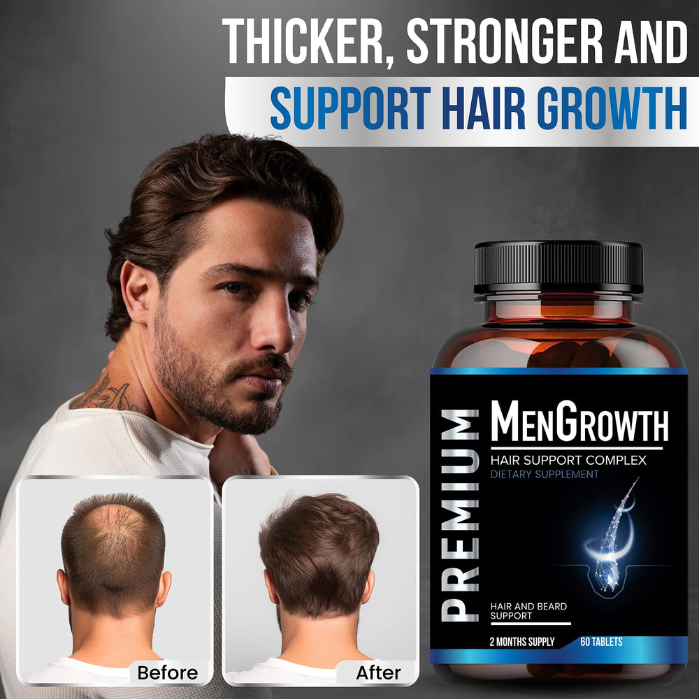 NutraPro MenGrowth pills closeup showing key vitamins for hair, skin, and nails.