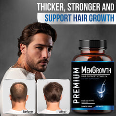 NutraPro MenGrowth pills closeup showing key vitamins for hair, skin, and nails.