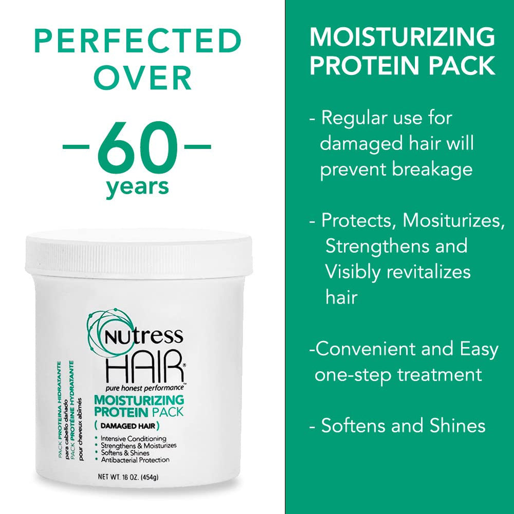 Nutress Protein Pack close-up highlighting moisture and strength benefits.