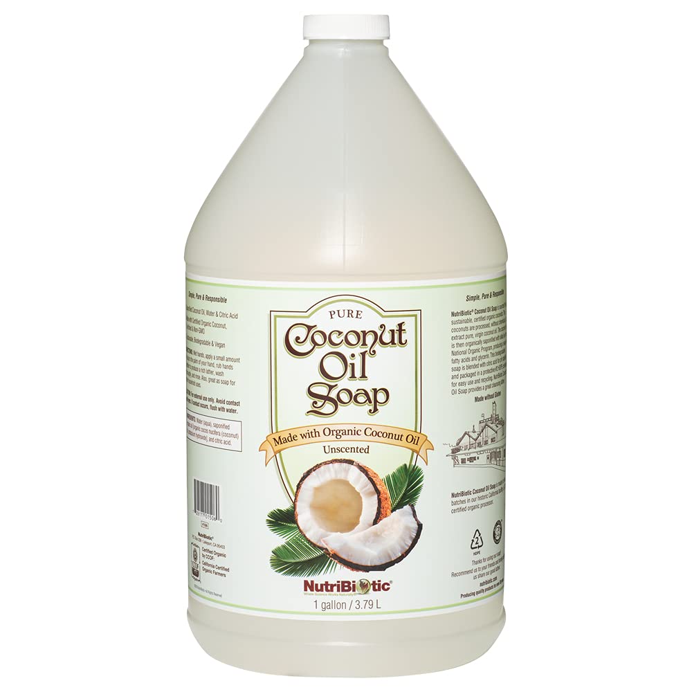 NutriBiotic coconut oil soap unscented in a 1-gallon container with rich lather.
