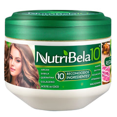 NUTRIBELA10 packaging closeup highlighting nourishing formula for damaged hair