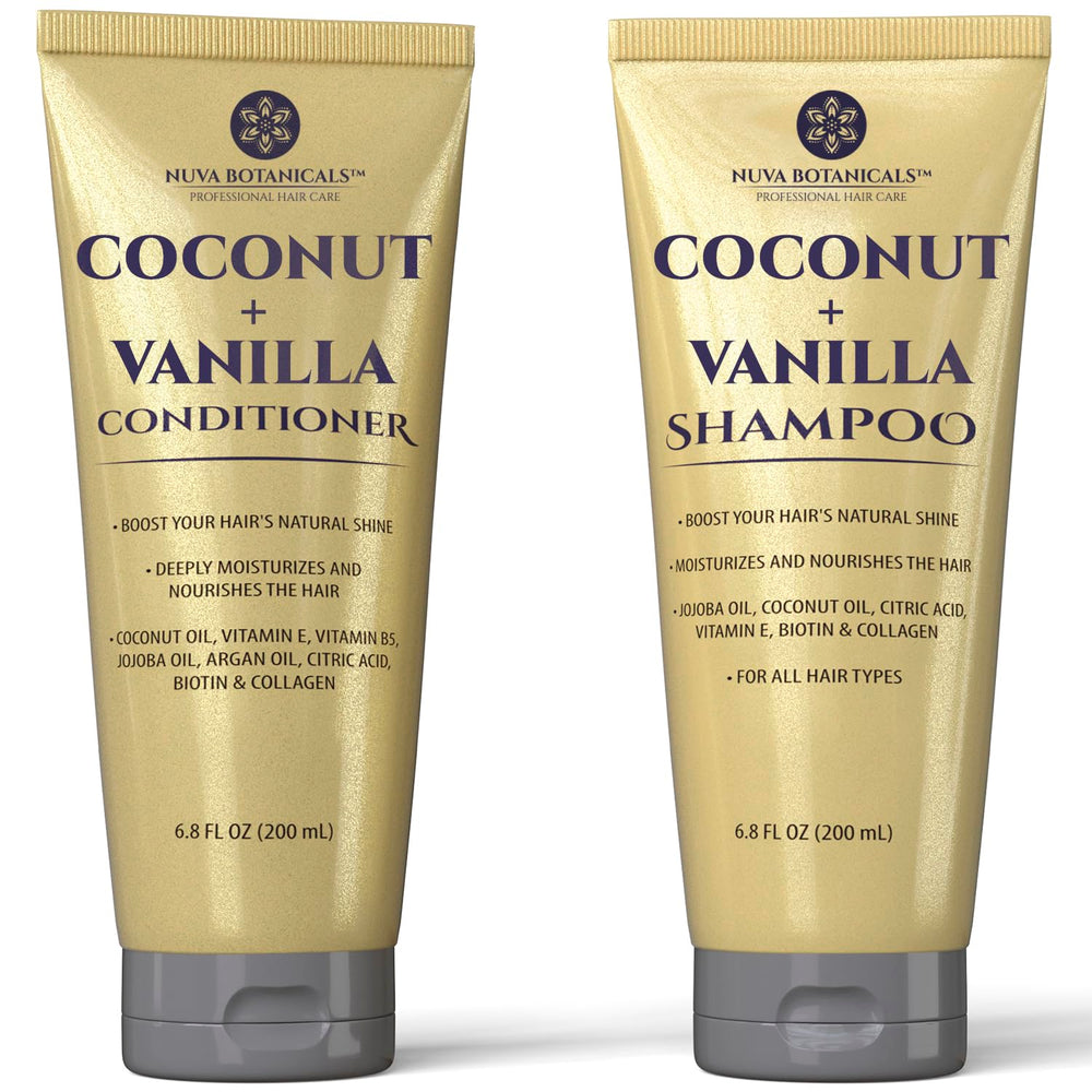 Nuva Botanicals Coconut Vanilla Shampoo bottle for deep hydration and shine.