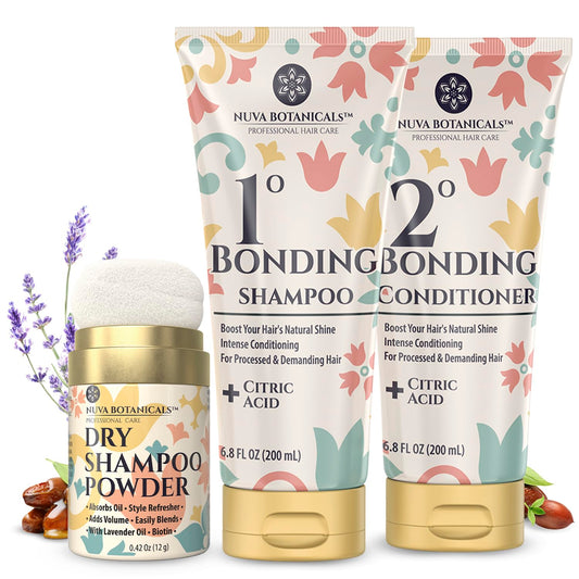 Nuva Botanicals dry shampoo powder applied at roots for quick refresh.