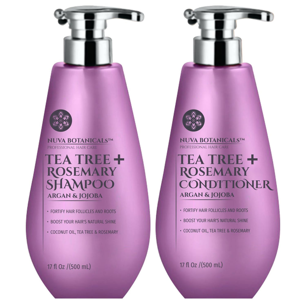 Nuva Botanicals Tea Tree Rosemary Shampoo Set packaging showing premium bottles for easy care
