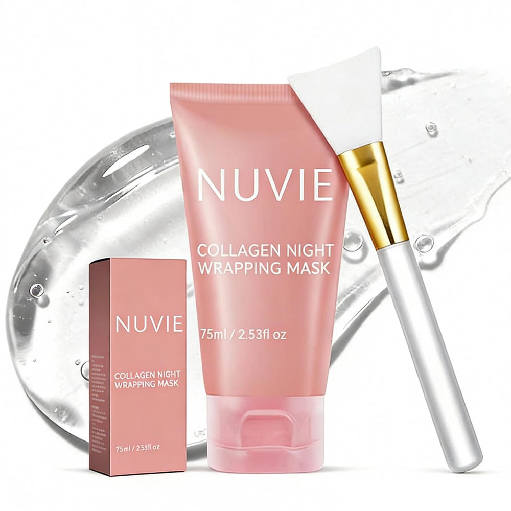 Nuvie collagen overnight peel mask bottle highlights premium hydration formula