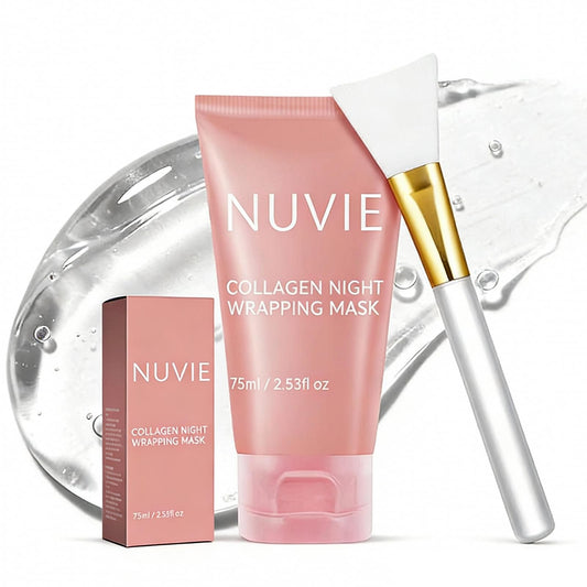 Nuvie collagen overnight peel mask bottle highlights premium hydration formula