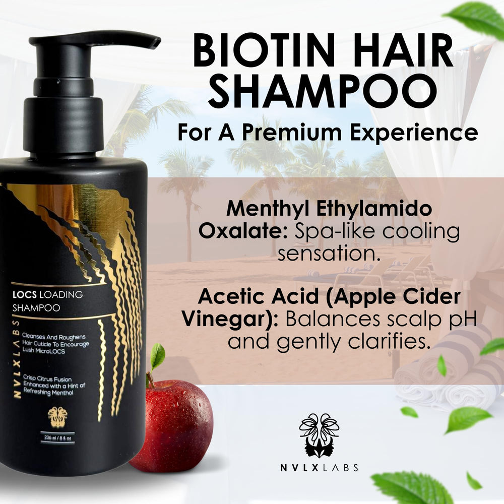 NVLX LABS Locs Shampoo plant-based ingredients highlight herbal cleansing power.