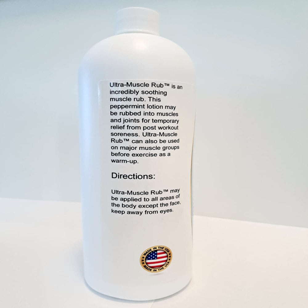 32 oz Ultra-Muscle Rub label close-up emphasizing organic extracts.