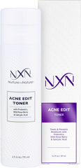 NXN Acne Toner bottle pour showing alcohol-free formula for clear skin prep
