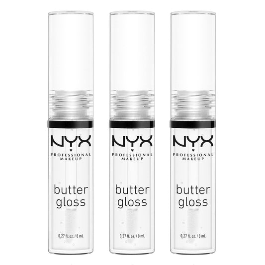 NYX Butter Gloss Sugar Glass 3-pack image shows clear gloss for versatile lip shine.