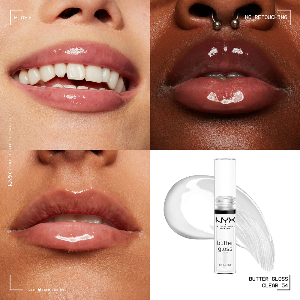 Swatch of NYX Butter Gloss Sugar Glass on skin shows sheer to medium coverage.