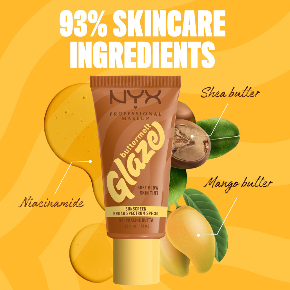 NYX Buttermelt Glaze Praline skin-tone match on light-medium skin.