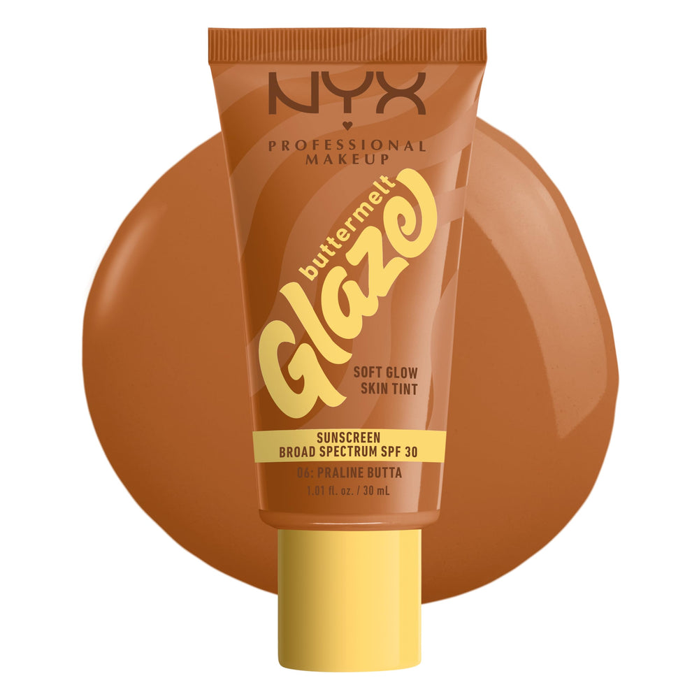 NYX Buttermelt Glaze Praline swatches show sheer glow for easy daily tint.